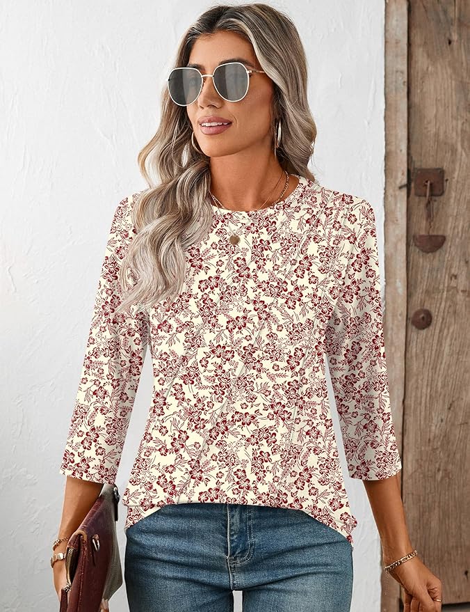 LOMON 3/4 Length Sleeve Womens Tops Spring Summer Fashion 2026 Tops Crew Neck Pleated Shirts Tunic Top Loose Fit