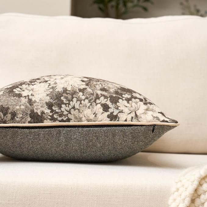 Neutral Floral Pillow Cover 18 x18 Inches, Vintage Chenille Square Throw Pillow Cover Soft Decorative Farmhouse Accent Couch Pillow Cover for Living Room Bedroom, Grey