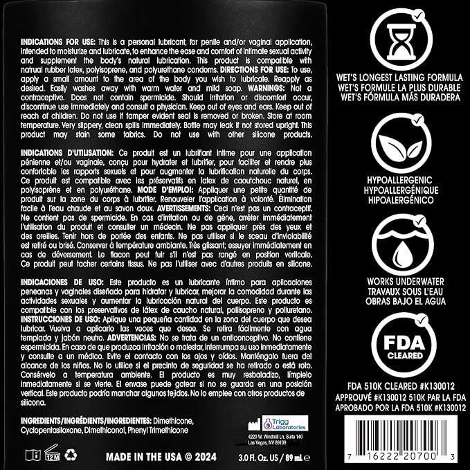 Wet Platinum Silicone-Based Personal Lubricant | Ultra Smooth, Super Slick, Hypoallergenic, Long-Lasting Performance, Waterproof Formula| Lube for Men, Women & Couples, 3 fl oz