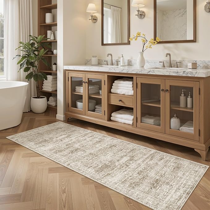 Soalmost Runner Rug 2x6 Washable Kitchen Hallway Runners Non-Slip Brown | Soft Low-Pile Rugs for Entry Bathroom Laundry Room, Vintage Foldable Floor Carpet Mat Entryway for Corridor Bedroom