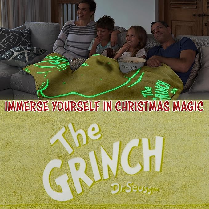 The Grinch Glow in The Dark Throw Blanket 51x59” for Kids Teens Adults, Soft Fleece Blanket for Sofa Bed, Cozy Warm Gifts for Kids (Green Grinch)