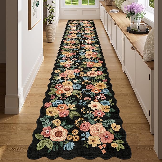 DUKINO 2.6x14 Runner Rug, Floral Washable Rug for Hallway Non Slip, Black | Soft, Low Pile, Non-Shedding Long Runner Rugs for Kitchen, Entryway, Bedroom, Bathroom, Pet Friendly, Home Decor, Ultra-Thin