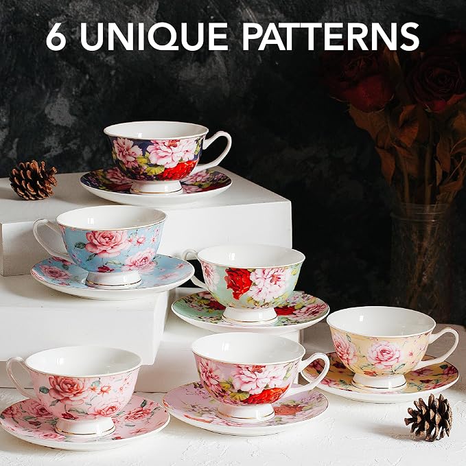 BTaT- Floral Tea Cups and Saucers, 8 oz, Set of 6 | Fine Porcelain Teacup Set with Gold Trim for Afternoon Tea Weddings Parties Gifting Dishwasher Safe Lightweight Non Toxic