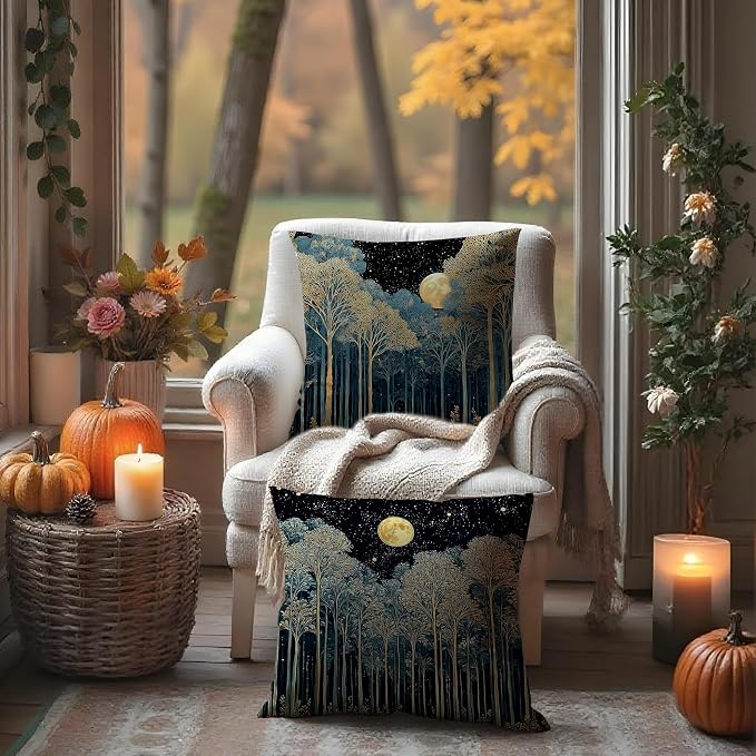 Vintage William Morris Inspired Gold Forest Moon Pillow Covers 18x18 Set of 2,Rustic Black and Gold Botanical Moon Nature Landscape Decorative Throw Pillow Covers for Home Bedroom Living Room