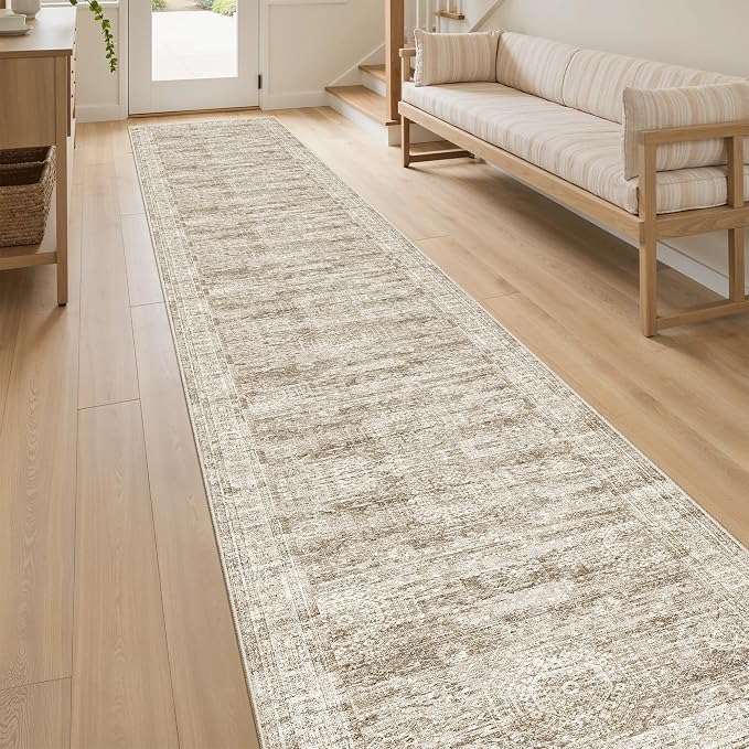 Soalmost Runner Rug 2x10 Washable Non-Slip Hallway Kitchen Runners Brown | Stain Resistant Vintage Rugs for Bathroom Laundry Room, Low Pile Foldable Floor Carpet Mat for Entryway Corridor Bedroom