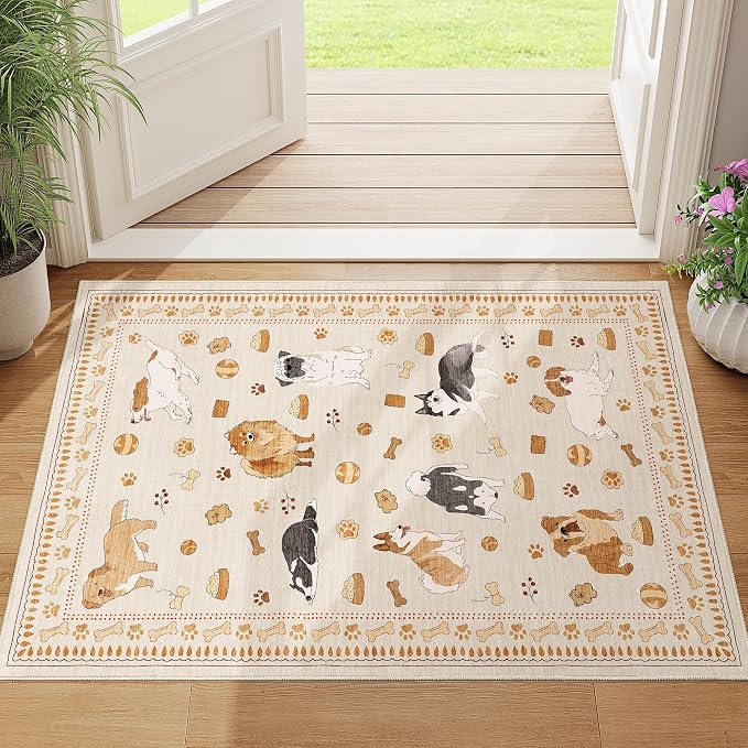 DUKINO 2x3 Bathroom Rugs, Washable Dog Kitchen Rug Non Slip, Beige Yellow | Low Pile, Stain Resistant Soft Indoor Door Mat, Small Front Door Animal Throw Carpet for Entryway Bedroom Farmhouse Kids Room