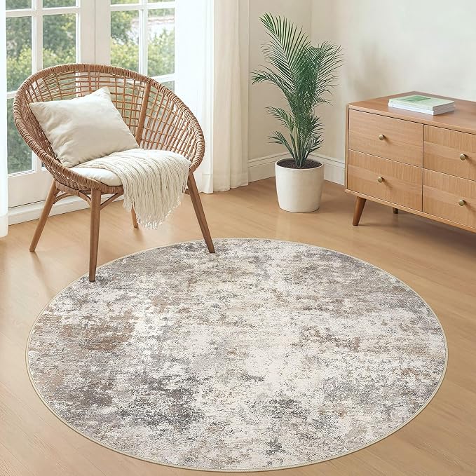 UERMEI 4ft Round Area Rug Living Room Rugs - 4x4 Washable Neutral Modern Abstract Soft Thin Rug Indoor Floor No Slip Rug Carpet for Bedroom Under Dining Table Home Office Decor - Brown Grey