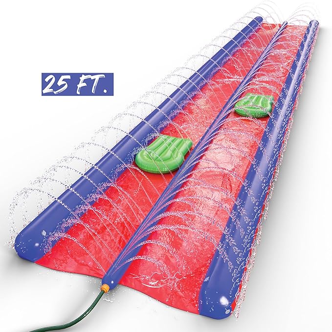 Stargo 2 Person Slide Backyard Water Fun Slip Down and Slide - 25 Feet x 6 Feet Waterslide with Sprinkler and Inflatable Body Boards for Kids - Outdoor Summer Toy