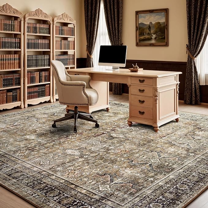 9x12 Area Rugs for Living Room,Washable Non-Slip Brown Large Carpet | Soft Area Rugs for Bedroom, Dining Room, Home Office Indoor Nursery, Stain Resistant, Low Pile, Vintage Distressed Rug