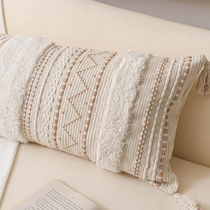 18X18 Throw Pillow Cover, Cream Neutral Beige Square Decorative Cushion Cover, Boho Accent Pillowcase with Tufted Details and Tassels for Couch Sofa Living Room(Cover Only)