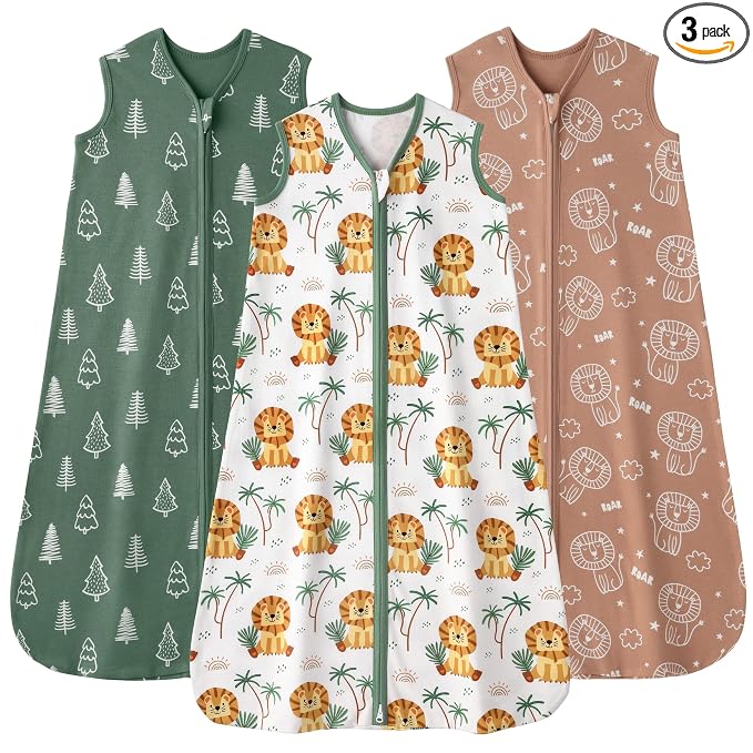 Baby Sleep Sack 0-6 months, 100% Cotton Sleeping Sack for Newborn and Infant, 3 Pack Baby Wearable Blanket, 0.5 Tog Lightweight Double Zipper Sleep Bag Small Brown Green Lion