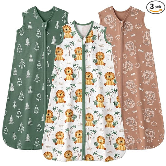 Baby Sleep Sack 0-6 months, 100% Cotton Sleeping Sack for Newborn and Infant, 3 Pack Baby Wearable Blanket, 0.5 Tog Lightweight Double Zipper Sleep Bag Small Brown Green Lion