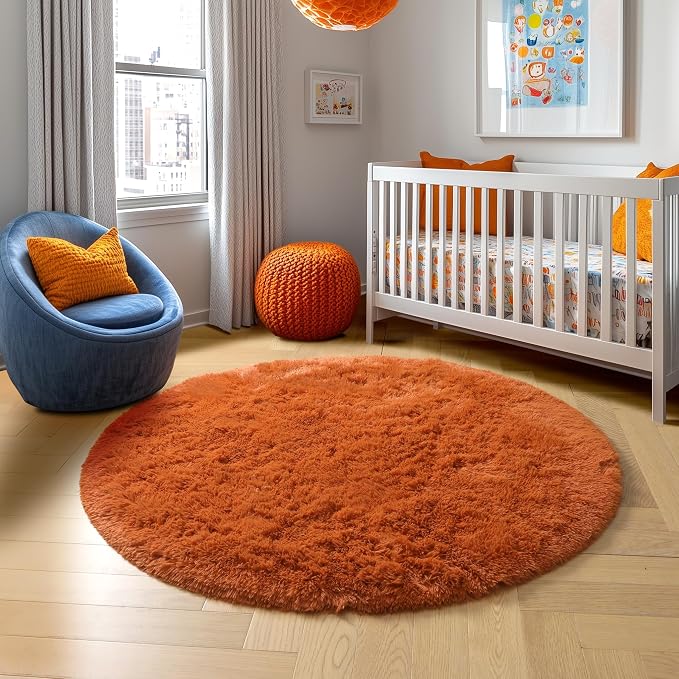 Amdrebio Burnt Orange Large Round Rugs 8Ft for Living Room Bedroom, Big Shaggy Plush Fuzzy Furry Circle Area Rugs for Kids Room Decor Aesthetic, Fluffy Shag Dark Orange Carpet for Apartment Classroom