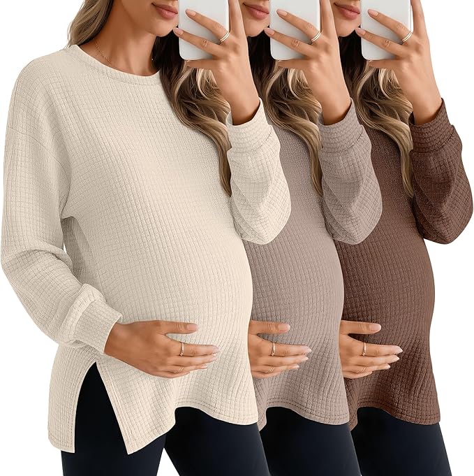 3 Pack Women's Maternity Shirts Long Sleeve Waffle Knit Side Split Oversized Tops Pregnancy Clothes Fall Tees
