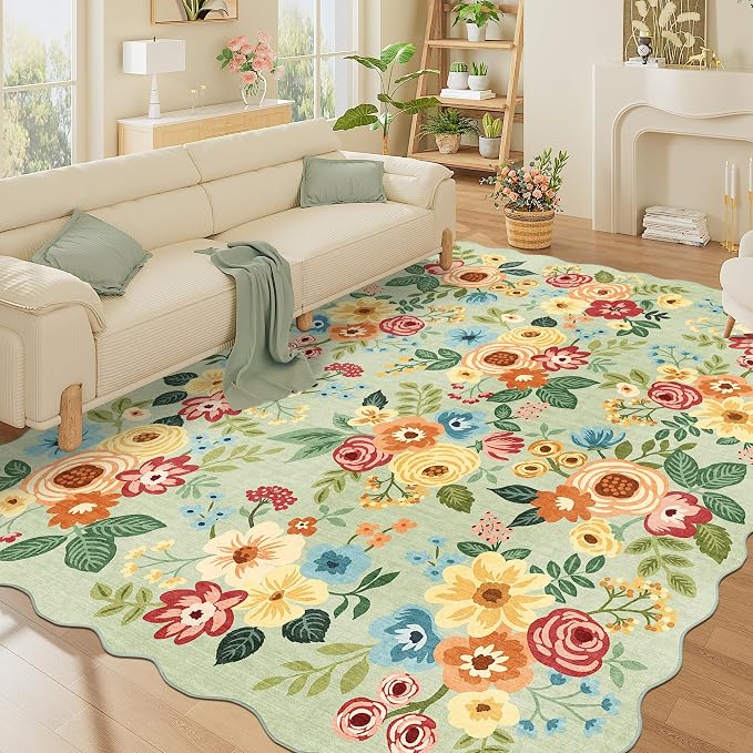 DUKINO 8x10 Area Rug for Living Room, Floral Washable Rug Non Slip, Green | Soft, Low Pile, Stain Resistant Throw Large Rug for Bedroom, Dining Room, Nursery, Kids Playroom, Pet Friendly, Home Decor