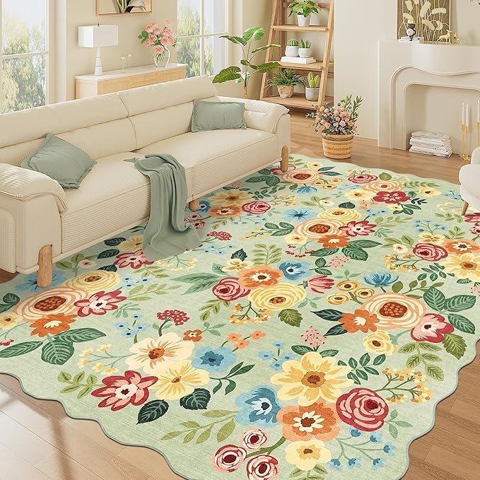 DUKINO 8x10 Area Rug for Living Room, Floral Washable Rug Non Slip, Green | Soft, Low Pile, Stain Resistant Throw Large Rug for Bedroom, Dining Room, Nursery, Kids Playroom, Pet Friendly, Home Decor