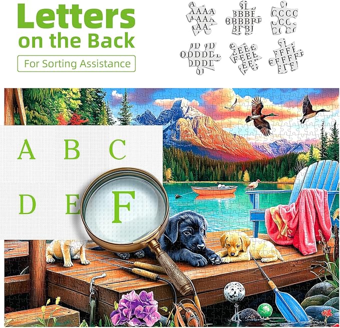 Lake Dock Puppies 500 Piece Puzzles for Adults Mountain Forest Outdoor Scene Jigsaw Puzzle with Cute Dogs,Ducks & Fishing Gear - Challenging Family Game for Adults Ideal Gift