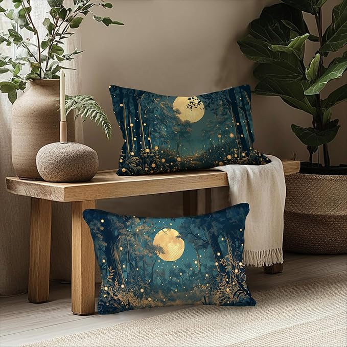 Rustic William Morris Style Night Moon Forest Decor Pillow Covers 20x12 Set of 2,Vintage Black and Gold Landscape Nature Botanical Decorative Throw Pillow Covers for Home Bedroom Living Room