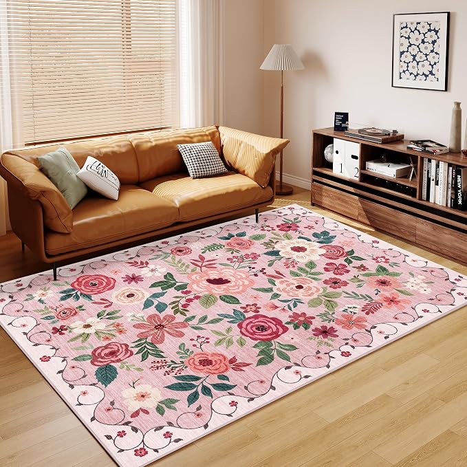 DUKINO 9x12 Area Rug for Living Room, Floral Washable Rug Non Slip, Pink | Soft, Low Pile Indoor Large Rug for Bedroom, Dining Rom, Kids Playroom, Office, Pet Friendly, Modern Home Decor, Non-Shedding