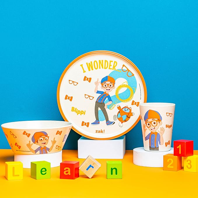 Zak Designs Blippi Kids Dinnerware Set 3 Pieces, Durable and Sustainable Melamine Bamboo Plate, Bowl, and Tumbler are Perfect For Dinner Time With Family (Blippi, TABBS)