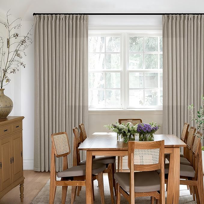 Burlywood Birch Pinch Pleated Linen Curtains 94 Inches Long for Living Room Bedroom 2 Panels Set Greyish Beige Flax Double Pleated Drapes Back Tab Farmhouse Ceiling Floor 94 Inch Window Curtains