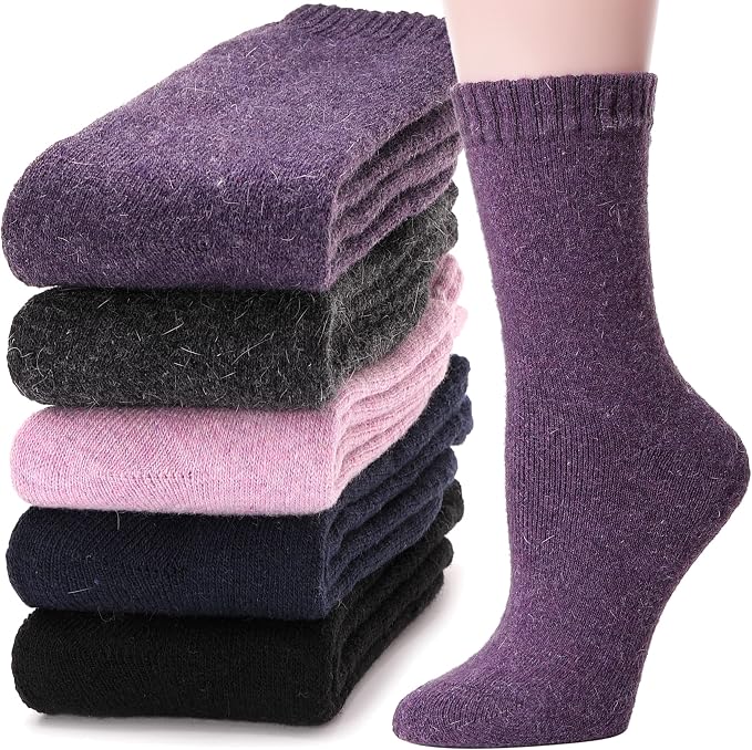 MOGGEI 5 Pairs Womens Merino Wool Socks Hiking Warm Winter Thick Thermal Crew Cozy Cabin Ladies Gift Comfy Boot Work Socks