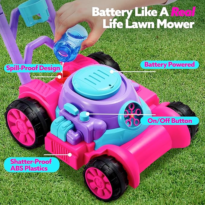 SLOOSH Bubble Lawn Mower Toddler Toys - Spill-Proof Bubble Machine Pretend Gardening Toy for Age 1 2 3 1-3 Year Old Toddler Indoor Outdoor Use, Baby Girl Push Toys New Year Birthday Gift (Pink)