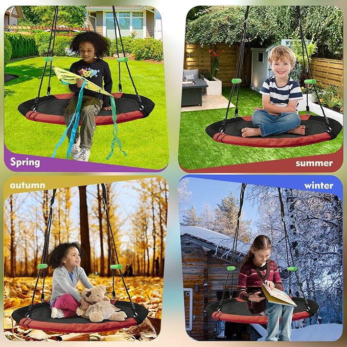 YSEJOMP 3.3FT Round Saucer/Tree Swing with Handles -Made of Sturdy Frame,PP Mat,Adjustable Multi-Strand Ropes,Safe and Durable for Yard Garden Playground Park (Black and Red, 40 inches)