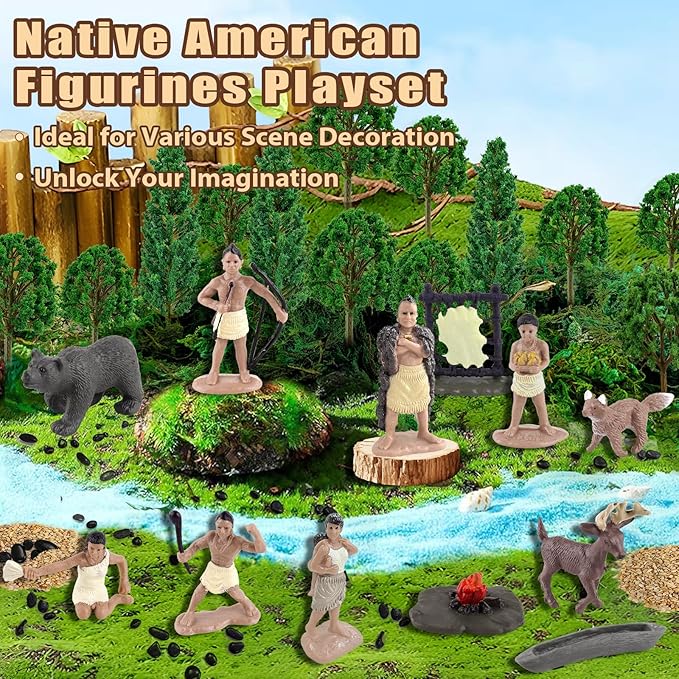 Native American Figurines Set Miniture Indian Figure Toys Indian Figurines for Kids Powhatan Indians Figures Playset Includes Camp Fire Deer Bear Fox Trees for Birthday Diorama School Projects 32 Pcs
