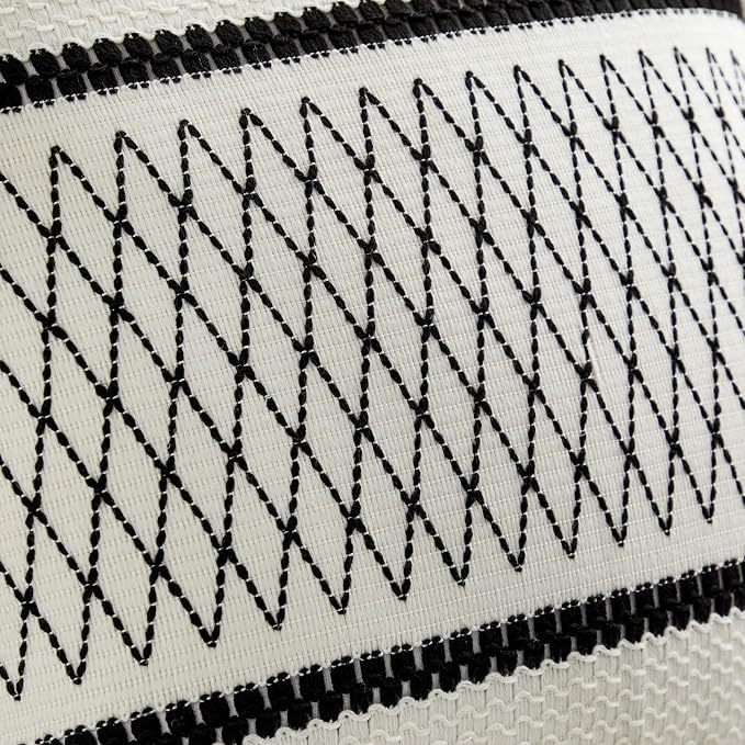 2pk Boho Pillow Covers 12x20, Natural White/Grid/Black | 100% Organic Cotton Body, Stripe Embroidery, Farmhouse Decorative Cushion Covers for Sofa Bed Living Room Home Decor