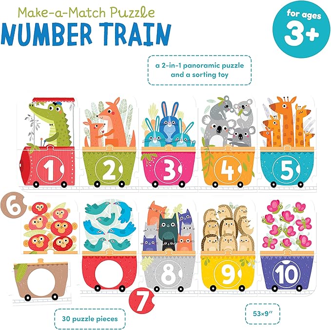 Banana Panda Make-a-Match Number Train Floor Puzzle - Learn Numbers 1-10 and Colors with 30 Large Pieces and a Guide for Parents with Early Learning Activities and Games, for Kids Ages 3-5 Years
