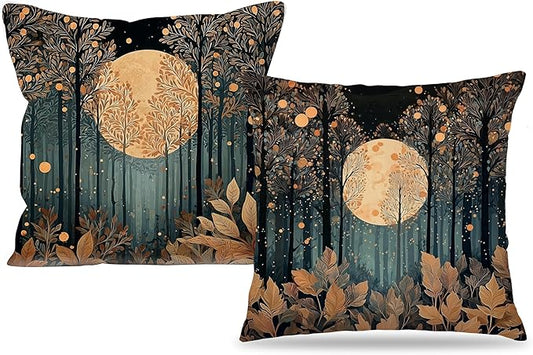Vintage William Morris Inspired Gold Forest Moon Pillow Covers 18x18 Set of 2,Rustic Black and Gold Moon Landscape Nature Botanical Decorative Throw Pillow Covers for Home Bedroom Living Room