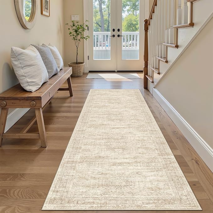 Soalmost Runner Rug 2x6 Washable Kitchen Hallway Runners Non-Slip Beige | Soft Low-Pile Rugs for Entry Bathroom Laundry Room, Vintage Foldable Floor Carpet Mat Entryway for Corridor Bedroom