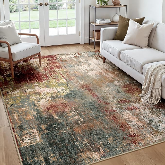 RELEANY Washable Square 7'x7' Area Rug for Living Room Rustic Brown | carpet for bedroom, kitchen, office, hallway and entryway, printed pattern, non-slip, soft, stain-resistant, easy to clean