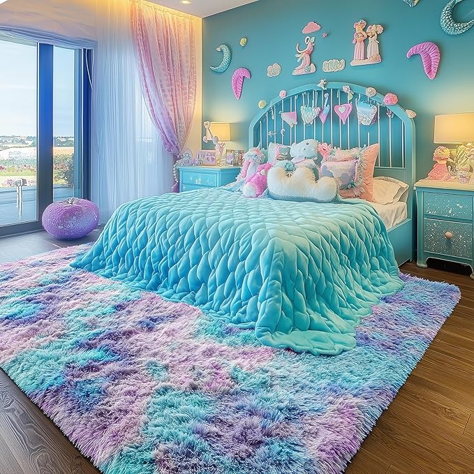 PAGISOFE Plush Rainbow Mermaid Rugs for Bedroom Girls, 6x9 Soft Purple Shag Area Rugs for Livingroom, Girls Room, Nursery, Classroom, Home Decor, Fluffy Fuzzy Carpet Mermaid Kawaii Pink Rugs