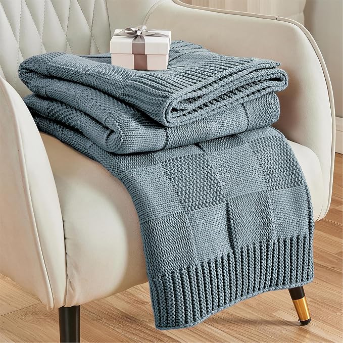 CozeCube Dusty Blue Knitted Checkered Throw Blanket 50"X60" | Check Knit Throw for Couch, Decorative Christmas Soft Cozy Warm Blanket for Bed Sofa Living Room