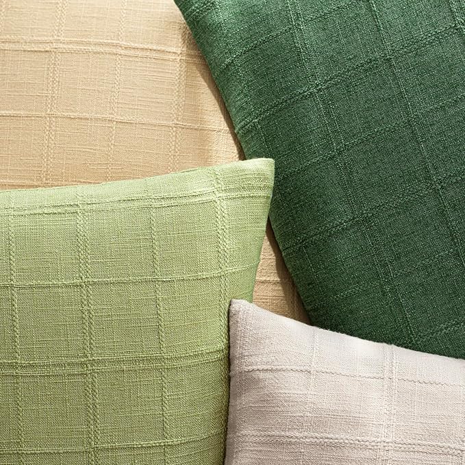 Foindtower Set of 2 Decorative Linen Check Throw Pillow Covers Neutral Farmhouse Lumbar Cushion Covers Modern Boho Accent Home Decor for Sofa Chair Couch Bedroom Living Room,12×24 Inch,Forest Green