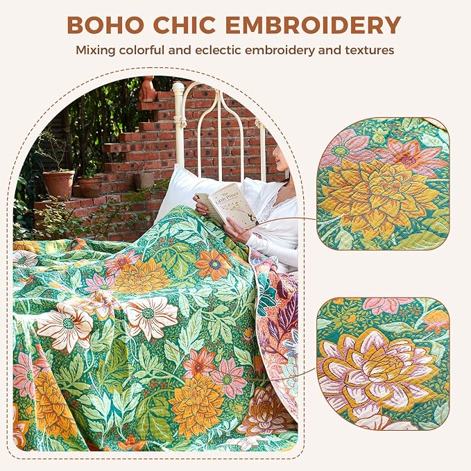 LUTBM Boho Throw Blanket for Couch 50"x60", Cotton Decorative Bed Throw | Green Reversible Floral Embroidery, All-Season Muslin Blankets, For Chair Sofa Bedroom Living Room Decor, Lightweight Gauze