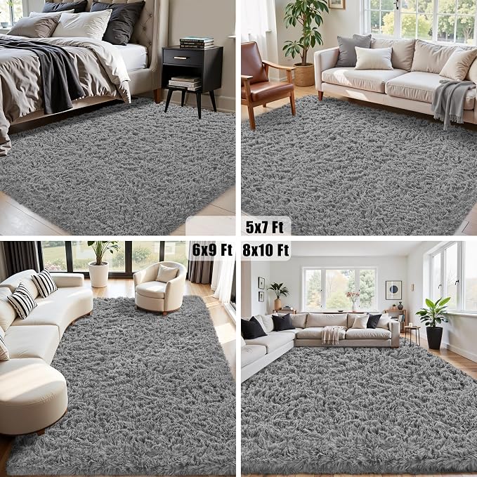 5x8 Area Rug for Living Room:Ultra Soft Fluffy Shag Light Grey Rugs,Large Fuzzy Plush Indoor Non Slip Carpet Washable Rug for Bedroom Kids Nursery Office Dorm Modern Decor(Light Grey 5'x8')