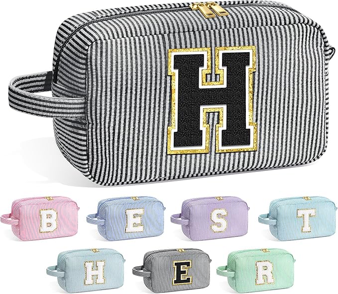YOOLIFE Initial Makeup Bag - Personalized Monogram Cute Makeup Bag Cosmetic Travel Toiletry Pouch Make Up Case for Women Mom Best Friend Bridesmaid Sister Teacher, Birthday Gifts for Women Her H
