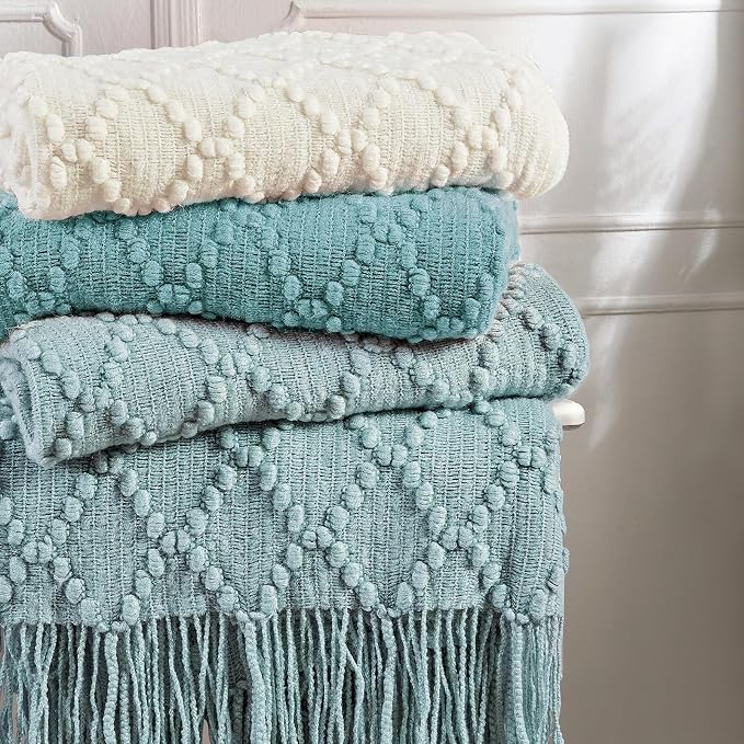BOURINA Blue Throw Blanket 50 x70 Inch Jacquard Throw Knitted Blanket | Jacquard Argyle Throw Textured Solid Soft Throws and Blankets for Sofa or Bed Knitted Decorative Blanket