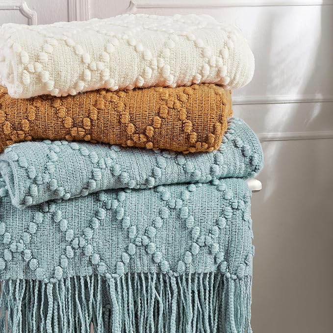 BOURINA Auqa Throw Blanket 50 x70 Inch Jacquard Throw Knitted Blanket | Jacquard Argyle Throw Textured Solid Soft Throws and Blankets for Sofa or Bed Knitted Decorative Blanket