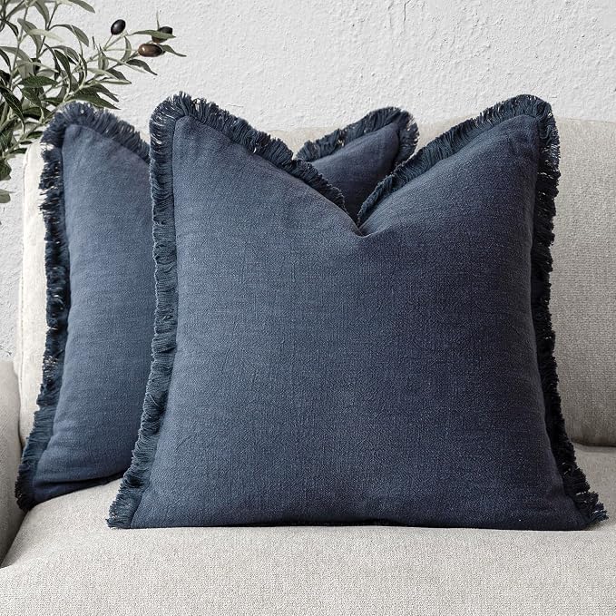 Foindtower Set of 2 Decorative Linen Fringe Throw Pillow Covers Cozy Farmhouse Boho Cushion Cover with Tassels Soft Accent Pillowcase for Couch Sofa Bed Living Room Home Decor 20×20 Inch Navy Blue