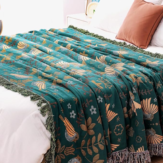 VANJOROY Boho Throw Blanket, 100% Organic Cotton Breathable Ultra Soft 50" x 60" Bed Quilt Throw - Floral Rustic Bird Farmhouse Decor Luxury Reversible Blanket for Sofa Couch Chair and Gift,Teal/Beige