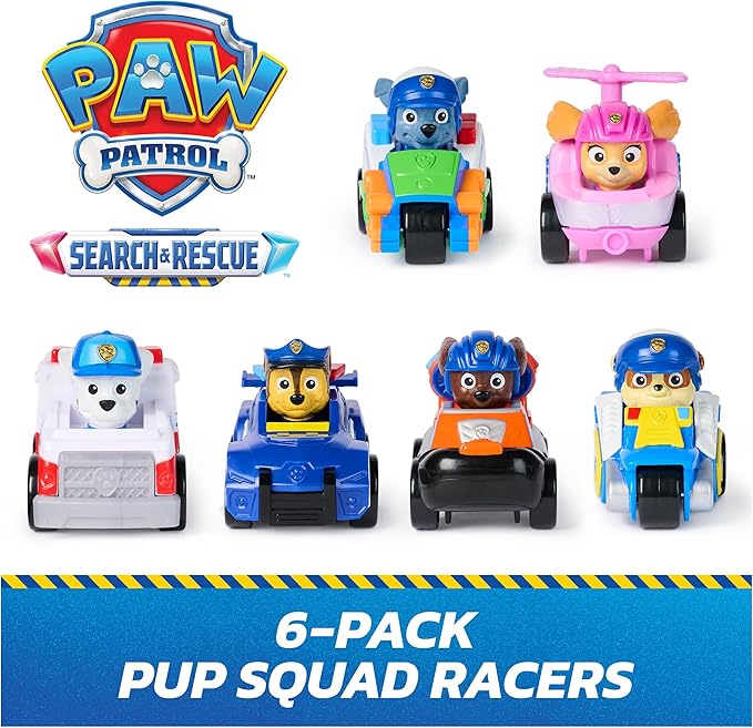 PAW Patrol Search & Rescue, Pup Squad Racers, 6-Pack of PAW Patrol Vehicles with Chase, Marshall, Skye, Rubble, Rocky, & Zuma, Kids Toys for Boys & Girls Ages 3 and Up