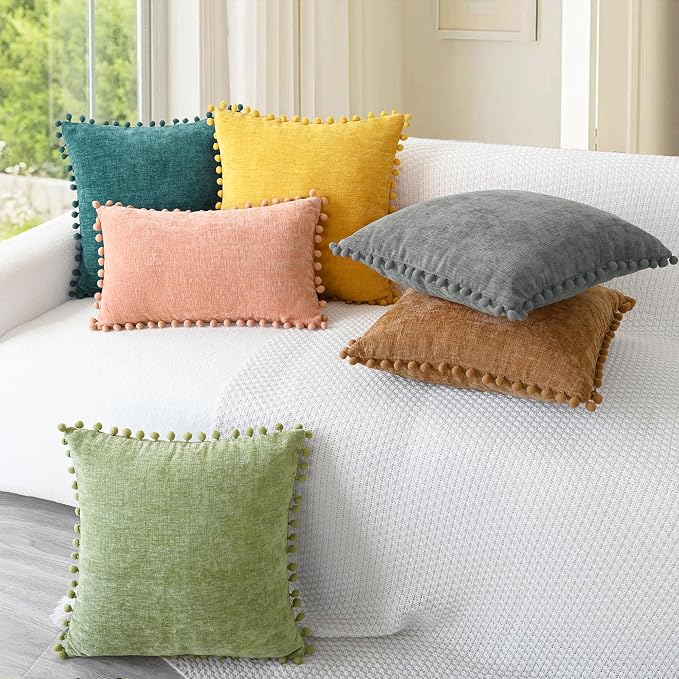 CaliTime Decorative Couch Throw Pillow Covers 22 X 22 Inches Teal | Pack of 2, Cozy Chenille Cushion Cases, with Pom Poms for Sofa Bed Living Room Farmhouse Home