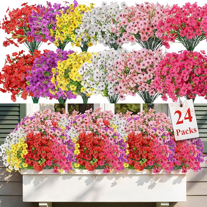 Alupssuc 24 Bundles Artificial Daisy Flowers UV Resistant for Outdoor Decor | Silk & Plastic, Spring Faux Plants Greenery, Bendable Stems, for Porch Patio Hanging Window Planter Yard Outside, 6 Colors