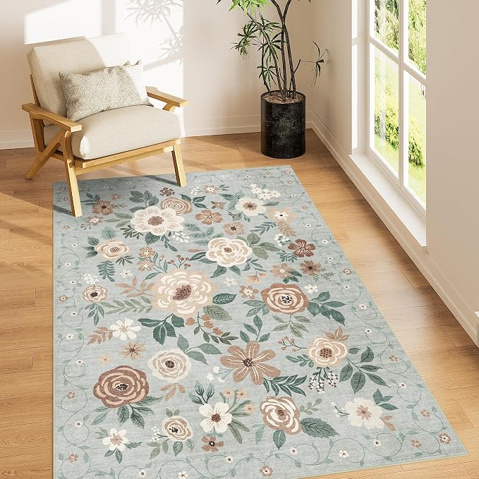 DUKINO 4x6 Area Rug, Floral Washable Office Chair Rug Non Slip, Sage Green | Low Pile, Stain Resistant, Soft Indoor Rug for Bedroom, Living Room, Dining Room, Kids Room, Pet Friendly, Modern Home Decor