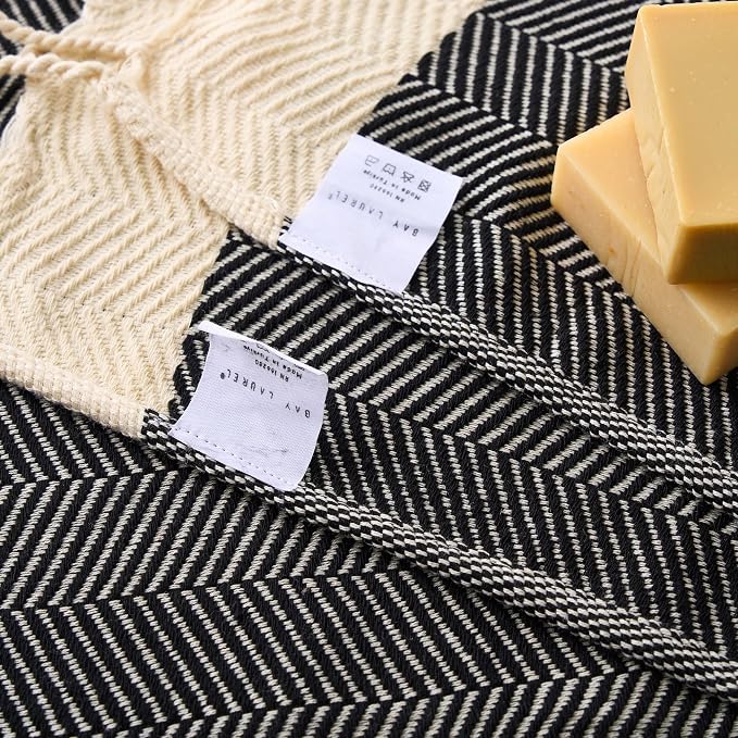 BAY LAUREL Turkish Hand Towel – Pack of 2 | Soft & Absorbent Decorative Towels for Bathroom, Hand, Face, Hair, Gym, Yoga, SPA, Kitchen & Tea | Boho Decor (Black, Herringbone 15x26 Inches (Set of 2)