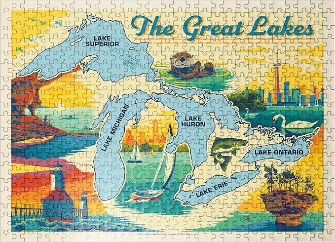 MyPuzzle The Great Lakes Illustrated Map and Landmarks - Premium 500 Piece Jigsaw Puzzle for Adults